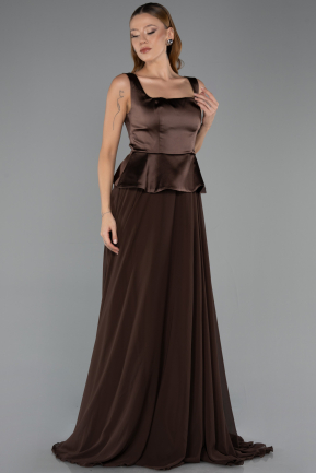 Kahve Saten Kare Yaka Peplum Uzun Şifon Abiye Elbise ABU6568