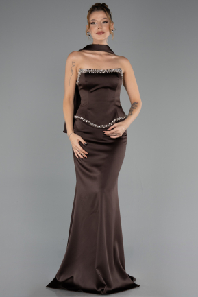 Kahve Taşlı Straplez Yaka Peplum Uzun Saten Abiye Elbise ABU6655