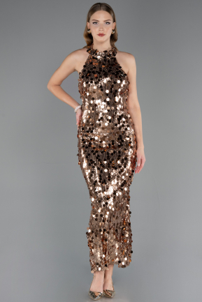Bakır Halter Yaka Midi Pullu Abiye Elbise ABU6676