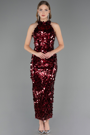 Bordo Halter Yaka Midi Pullu Abiye Elbise ABU6676