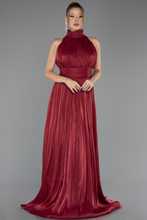 Bordo Halter Yaka Uzun Şifon Büyük Beden Abiye ABU6699