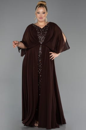 Kahve Taşlı V Yaka Kısa Kol Uzun Şifon Büyük Beden Abiye ABU6722