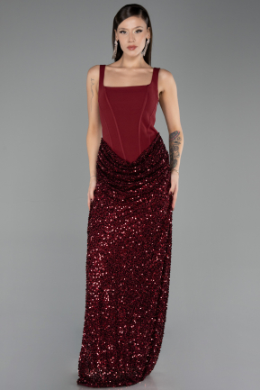 Bordo Balenli Kare Yaka Uzun Pullu Abiye Elbise ABU6650