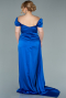 Saks Mavi Kayık Yaka Uzun Saten Büyük Beden Abiye ABU1626