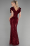 Bordo Uzun Pul Payetli Balık Abiye Elbise ABU1481