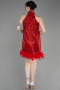 Kırmızı Halter Yaka Otrişli Pul Payet Kısa Gece Elbisesi ABK2049