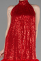 Kırmızı Halter Yaka Otrişli Pul Payet Kısa Gece Elbisesi ABK2049