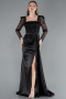 Siyah Uzun Kol Boncuklu Kare Yaka Saten Abiye Elbise ABU4781