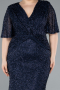 Lacivert Kısa Kol V Yaka Uzun Boncuklu Büyük Beden Abiye ABU4542