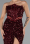 Bordo Straplez Bacak Dekolteli Uzun Pul Payet Abiye ABU5185