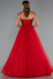 Kırmızı Taşlı Yaka Aksesuarlı Uzun Simli Nişanlık ABU6147