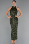 Haki Halter Yaka Midi Pul Payet Abiye Elbise ABK2474