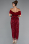 Bordo Saten Kayık Yaka Midi Boncuklu Abiye Elbise ABK2453