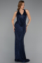 Lacivert Sırt Dekolte Uzun Boncuklu Balık Abiye Elbise ABU5403