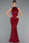 Bordo Halter Yaka Boncuklu Uzun Balık Abiye ABU4791