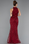 Bordo Halter Yaka Boncuklu Uzun Balık Abiye ABU4791