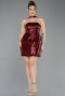 Bordo Straplez Mini Pul Payet Gece Elbisesi ABK2201