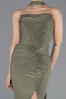 Haki Taşlı Straplez Yaka Yırtmaçlı Uzun Abiye Elbise ABU5564