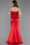 Kırmızı Halter Yaka Taşlı Peplum Kesim Uzun Saten Abiye ABU5601