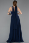 Lacivert Taşlı Askılı Saten Peplum Uzun Şifon Abiye ABU5619