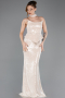 Bej Straplez Yaka Peplum Kesim Uzun Pul Payet Abiye ABU5721