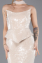 Bej Straplez Yaka Peplum Kesim Uzun Pul Payet Abiye ABU5721