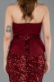 Bordo Asimetrik Straplez Yaka Peplum Uzun Pullu Abiye ABU5654