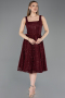 Bordo Kolsuz Kare Yaka Pullu Midi Dantel Gece Elbisesi ABK2549