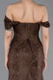 Kahve Kayık Yaka Peplum Kesim Uzun Dantel Abiye Elbise ABU5609