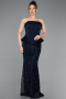 Lacivert Straplez Peplum Uzun Pullu Abiye Elbise ABU5919