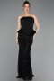 Siyah Straplez Peplum Uzun Pullu Abiye Elbise ABU5919