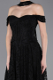 Siyah Kayık Yaka Balenli Uzun Dantel Abiye Elbise ABU5942