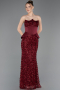 Bordo Straplez Portatif Korse Detay Uzun Pullu Abiye ABU5979