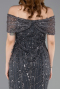 Antrasit Kayık Yaka Midi Boncuklu Gece Elbisesi ABK2592