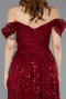 Bordo Kayık Yaka Midi Boncuklu Gece Elbisesi ABK2594