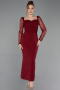Bordo Pullu Uzun Kol Kare Yaka Midi Davet Elbisesi ABK2387