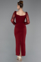 Bordo Pullu Uzun Kol Kare Yaka Midi Davet Elbisesi ABK2387