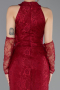 Bordo Halter Yaka Eldivenli Uzun Dantel Abiye ABU5598