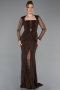 Kahve Dantelli Uzun Kol Peplum Kesim Abiye Elbise ABU6014