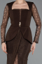 Kahve Dantelli Uzun Kol Peplum Kesim Abiye Elbise ABU6014