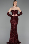 Bordo Straplez Portatif Korse Detay Uzun Pullu Abiye ABU6041
