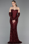 Bordo Straplez Portatif Korse Detay Uzun Pullu Abiye ABU6041