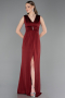 Bordo Kolsuz V Yaka Yırtmaçlı Uzun Abiye Elbise ABU6043