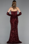 Bordo Straplez Portatif Korse Detay Uzun Pullu Abiye ABU6041