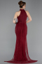 Bordo Halter Yaka Kuyruklu Uzun Dantel Abiye Elbise ABU6084