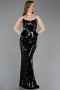Siyah Straplez Yaka Peplum Kesim Uzun Pul Payet Abiye ABU5721