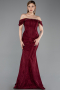 Bordo Kayık Yaka Peplum Kesim Uzun Dantel Abiye Elbise ABU5609
