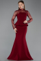 Bordo Dantelli Uzun Kol Peplum Balık Abiye Elbise ABU6194