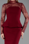 Bordo Dantelli Uzun Kol Peplum Balık Abiye Elbise ABU6194