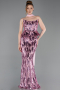 Pudra Straplez Yaka Peplum Uzun Pullu Abiye Elbise ABU6202